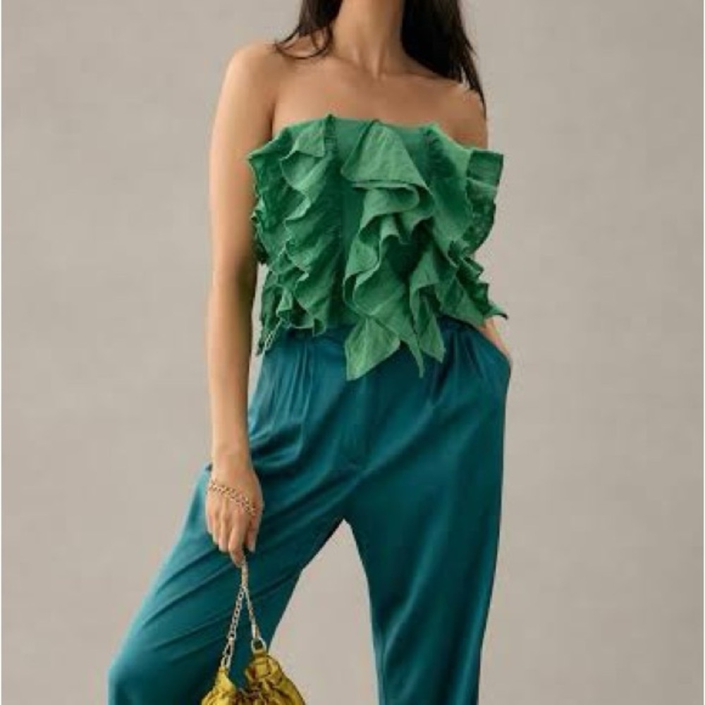 Anthropologie Strapless Ruffle Top in Green Size Large NWT